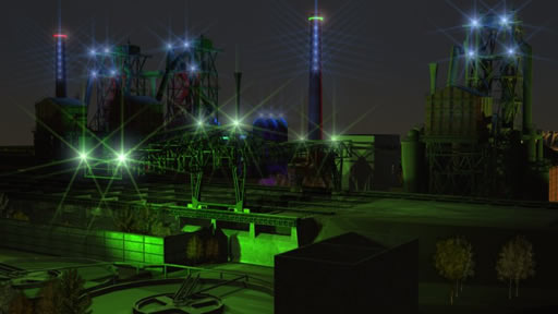 Landschaftspark Duisburg-Nord, 3D Computerrekonstruktion der Lichtinszenierung, Blick auf den grün beleuchteten Portalkran, im Hintergrund die Hochöfen Abb. 9: Die Emscher um 1890, Quelle: Stadtarchiv Duisburg
