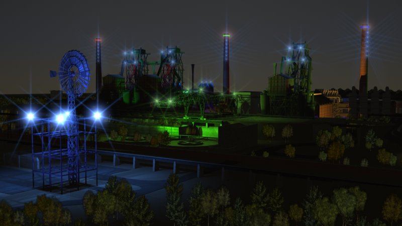 Landschaftspark Duisburg-Nord, 3D Computerrekonstruktion der Lichtinszenierung, rechts vorne das beleuchtete Windrad Abb. 9: Die Emscher um 1890, Quelle: Stadtarchiv Duisburg